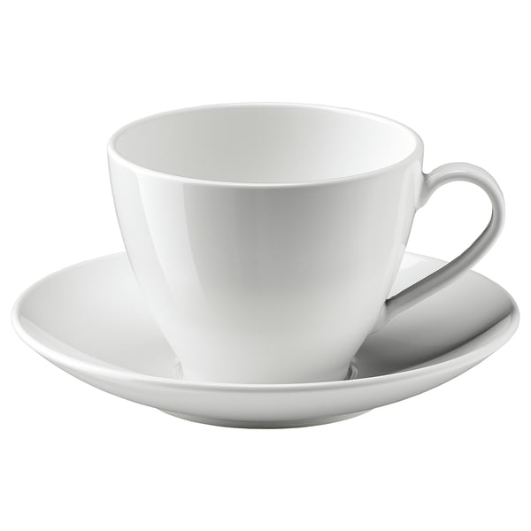 White VÄRDERA porcelain coffee cup and saucer; simple, durable, square with rounded lines.