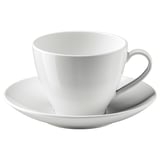 White VÄRDERA porcelain coffee cup and saucer; simple, durable, square with rounded lines.