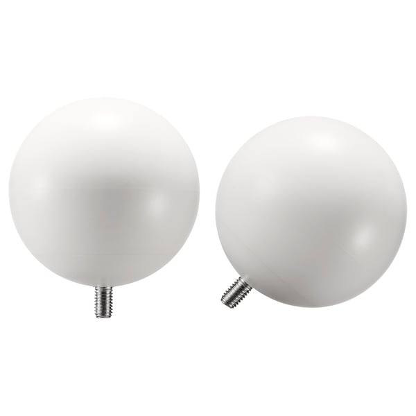 Two globe-shaped white finials, made from recycled plastic, with a modern matte design and metal screws at the base.