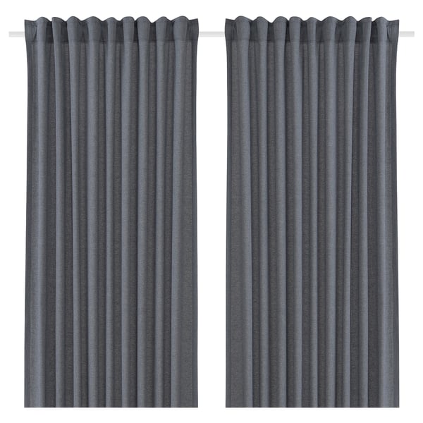 Dark grey curtains, solid color, rectangular, made from recycled work clothes.