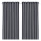 Dark grey curtains, solid color, rectangular, made from recycled work clothes.