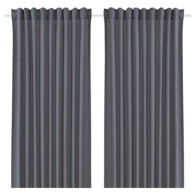 Dark grey curtains, solid color, rectangular, made from recycled work clothes.