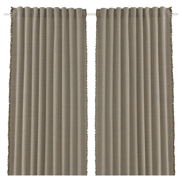 Two beige and brown striped curtains hang straight, featuring fringe edges, designed from recycled materials for energy efficiency and privacy.