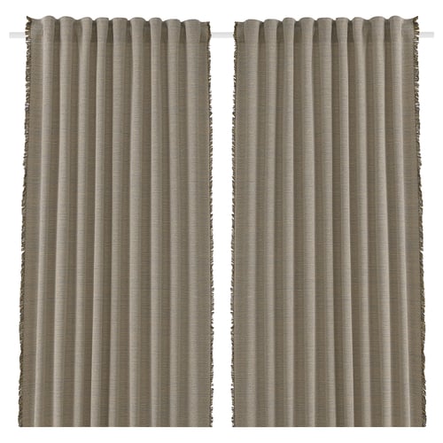 Two beige and brown striped curtains hang straight, featuring fringe edges, designed from recycled materials for energy efficiency and privacy.