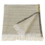 The VÄXELBRUK throw blanket is light brown and light grey with colorful fringes, rectangular shaped, made from recycled work clothes.