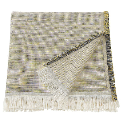 The VÄXELBRUK throw blanket is light brown and light grey with colorful fringes, rectangular shaped, made from recycled work clothes.
