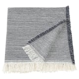 The VÄXELBRUK throw, featuring recycled work clothes with blue, grey, and yellow fringes.