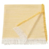 IKEA vaxelbruk yellow-white throw blanket, rectangular with fringed edges, made from recycled fibers.