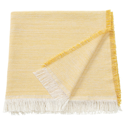 IKEA vaxelbruk yellow-white throw blanket, rectangular with fringed edges, made from recycled fibers.