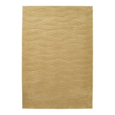 This image a beige VÄXELFEL rug with a textured, wavy pattern. Made from recycled polyester, its soft and has an anti-slip backing.
