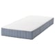 Image shows IKEAs white-blue rolled mattress, VALEVÅG, with quilted top & side handles.