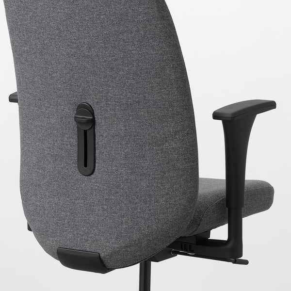 Ergonomic office chair with adjustable armrests and lumbar support, upholstered in grey fabric.