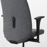 Ergonomic office chair with adjustable armrests and lumbar support, upholstered in grey fabric.