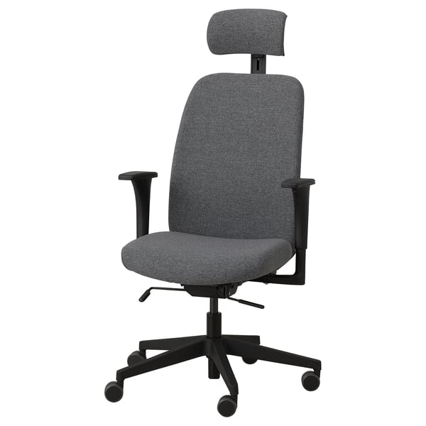 Modern gray office chair with adjustable headrest, armrests, and tilt function for ergonomic support.
