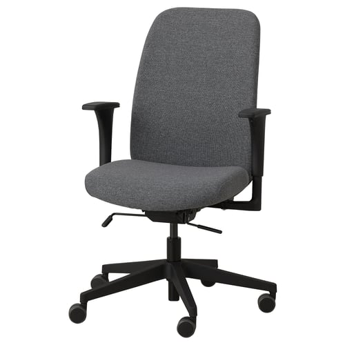 Grey VALLFJÄLLET office chair with black frame, armrests, and wheels. Back support and adjustable height.