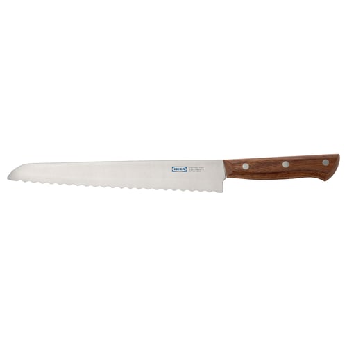 A serrated bread knife with a dark walnut handle, stainless steel blade and triple rivets. Perfect for slicing bread.