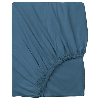 A blue VÅRVIAL bed sheet, made of soft 100% cotton, designed to fit day-bed mattresses perfectly with its elastic edges.