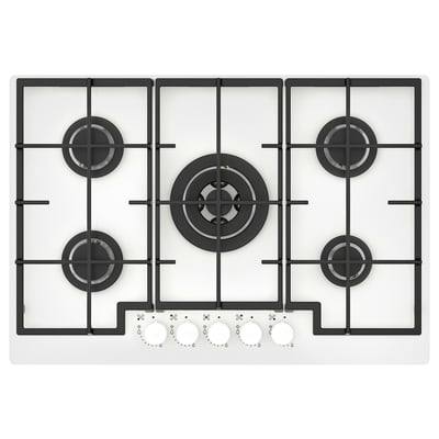 VASASTAN: white gas stove with 5 burners, electronic ignition, cast iron supports, glass surface.