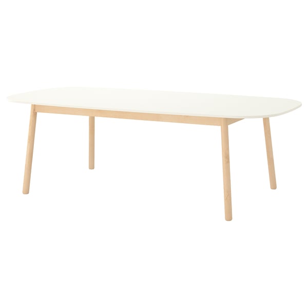 Elegant rectangular dining table with white top and light wood legs, modern minimalist design.