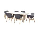 Modern dining set with 6 gray chairs and white oval table, sleek wooden legs.