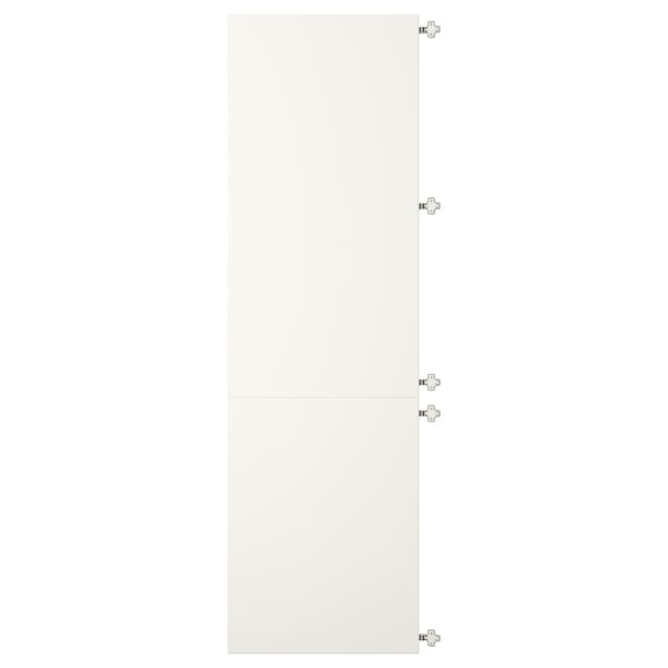 White VEDDINGE door with five handles, fiberboard and steel, rectangular shape.