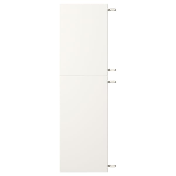 A white VEDDINGE cabinet with four hinges, made of fibreboard and steel.
