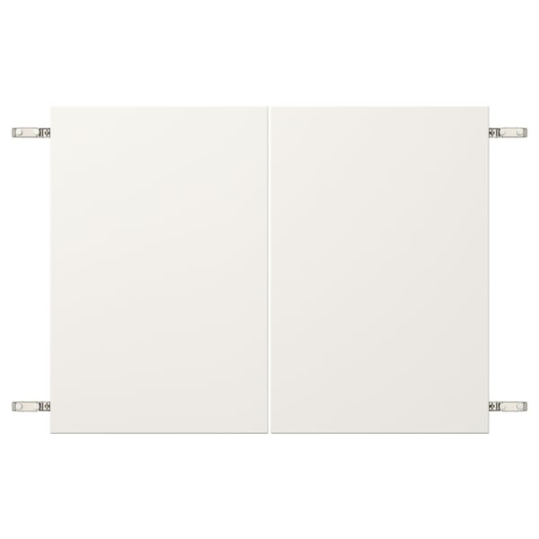 White VEDDINGE cabinet, four hinges, rectangular shape, steel nickel-plated hinges, fiberboard door.