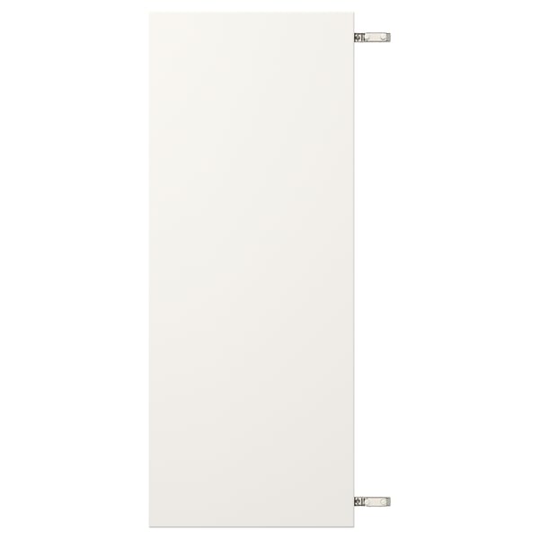 White cabinet door, rectangular, fiberboard with a polyurethane and acrylic paint finish, featuring two nickel-plated hinges.