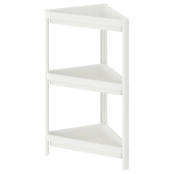 A white corner shelf named VESKEN with three tiers, designed for small spaces, made of polypropylene plastic.