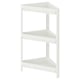 A white corner shelf named VESKEN with three tiers, designed for small spaces, made of polypropylene plastic.