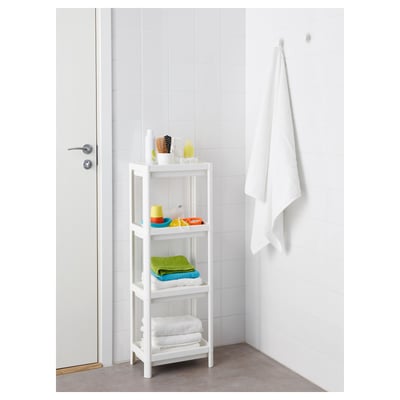 White bathroom shelf VESKEN holds towels, toiletries, keeps items organised, high edges for stability.