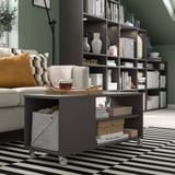 VIHALS gray mobile coffee table with compartment, wheels, and baskets in stylish living room.