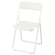 Depicts a white VIHALS folding chair. It a minimalist design with a metal frame and plastic seat and back. The chair is lightweight and easy to fold.