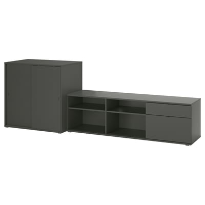 Black VIHALS storage units: a cabinet with sliding doors and a tv bench with shelves and drawers.