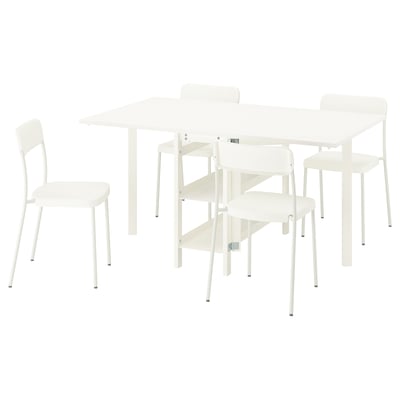 VIHALS white dining set. Three tables, four chairs. Modern, minimalist design. Metal and plastic.