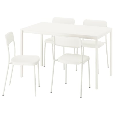 A white VIHALS dining set with a rectangular table and four stackable chairs. Minimalist design, durable steel and plastic.