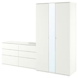 White VIHALS furniture set with wardrobe, mirrored chest, modern design.