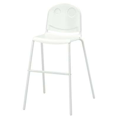 A white VILDGÅS junior chair. Its made of plastic and steel, designed for kids, with a smiley shape and sturdy legs.