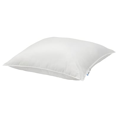 Simple white pillow, soft and firm; made from recycled polyester and cotton; square shape; plain design.