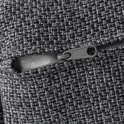 A close-up of a textured, gray zipper on a cozy, knitted fabric.