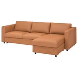 VIMLE sectional sofa, orange-brown, l-shape with storage chaise, leather & fabric.