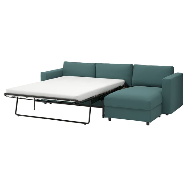 VIMLE 3-seat sofa-bed with chaise longue, Kelinge grey-turquoise
