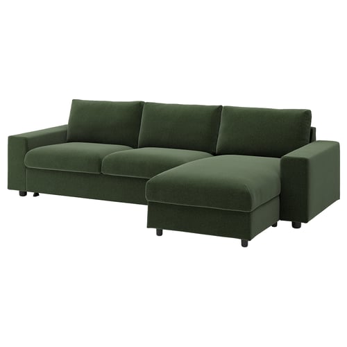 VIMLE 3-seat sofa-bed with chaise longue, with wide armrests/Johanneshov dark green