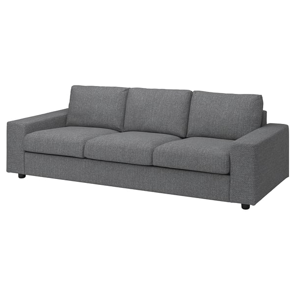 Grey VIMLE sofa, modern design with grey textured fabric, soft cushions, and sturdy black legs.