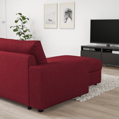 Red VIMLE sofa with chaise, horse art, plant, tv, machine-washable cover, modern design.