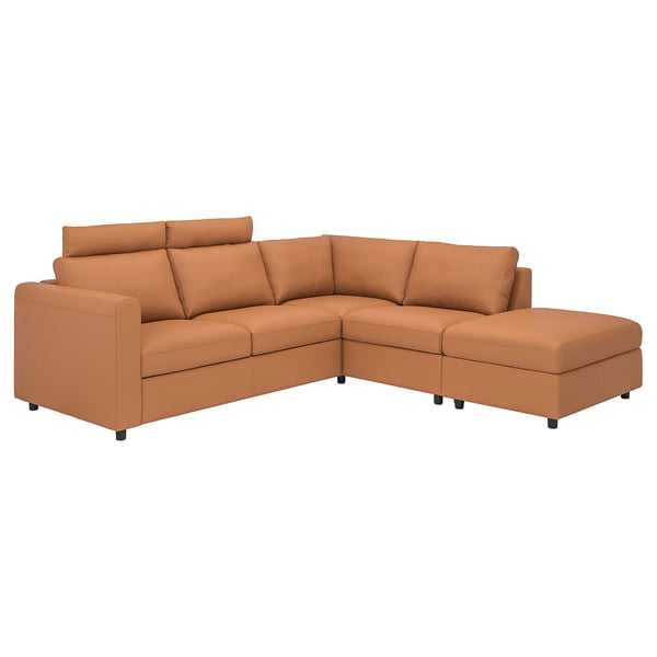 Brown leather l-shaped VIMLE sectional sofa with headrests and storage.