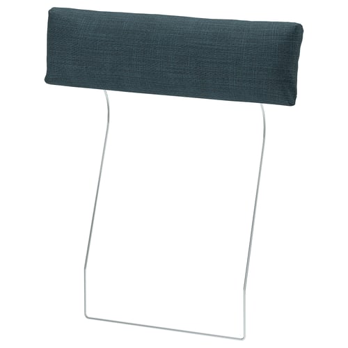VIMLE sofa headrest in dark blue fabric with sleek metal frame, provides neck support.