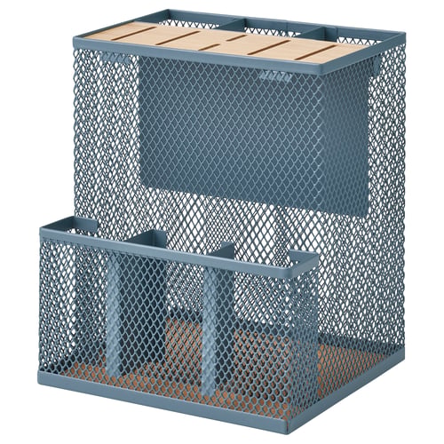 A VIMPELFISK blue metal knife block with a bamboo top. It has a mesh design for airing and easy visibility, holding knives and utensils.