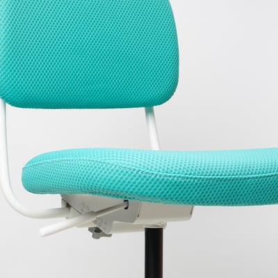 Bright turquoise office chair close-up, showcasing adjustable seat and sturdy design.