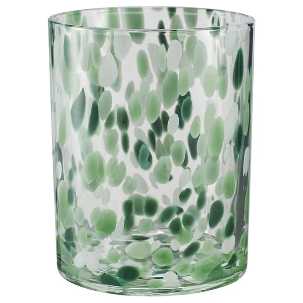 VINDSTILLA: green, glass, cylindrical candle holder with dotted pattern.
